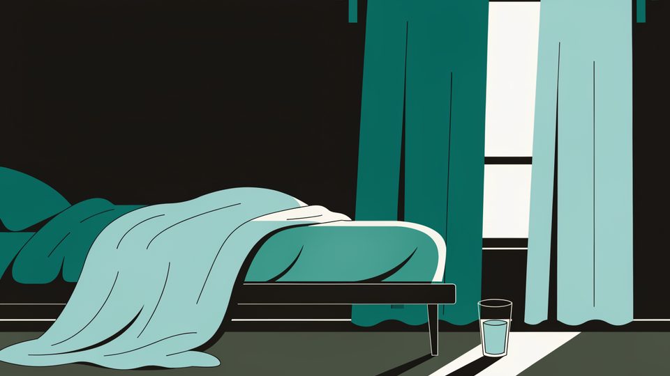 Illustration: a dimly lit room with the curtains almost closed, a thick blanket on a low bed and a glass of water beside it