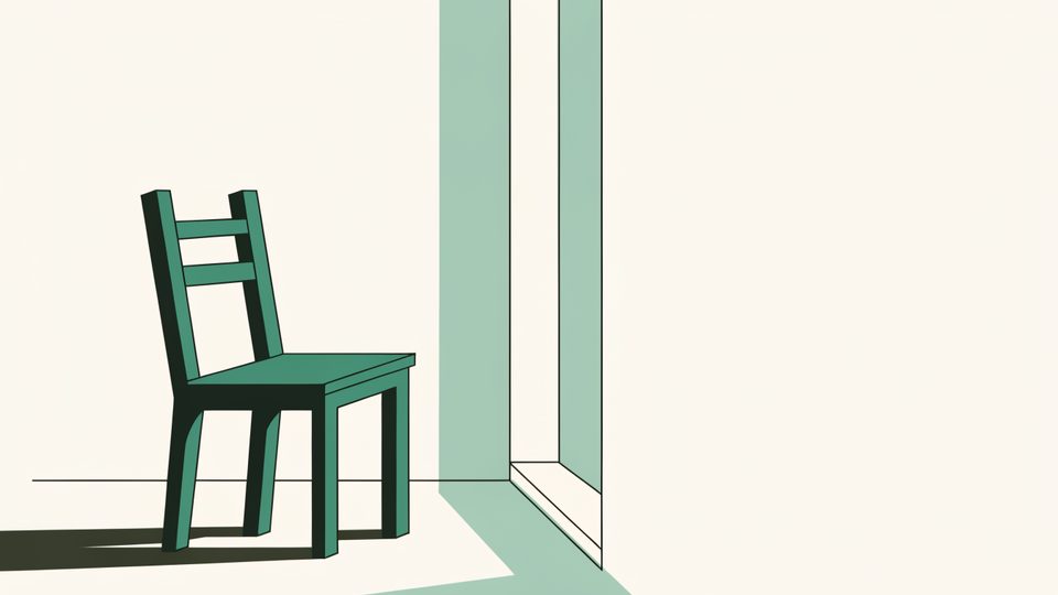 Illustration: ein einfacher Holzstuhl neben einem hellen Fenster, daneben ein senkrechtes weiches Lichtband