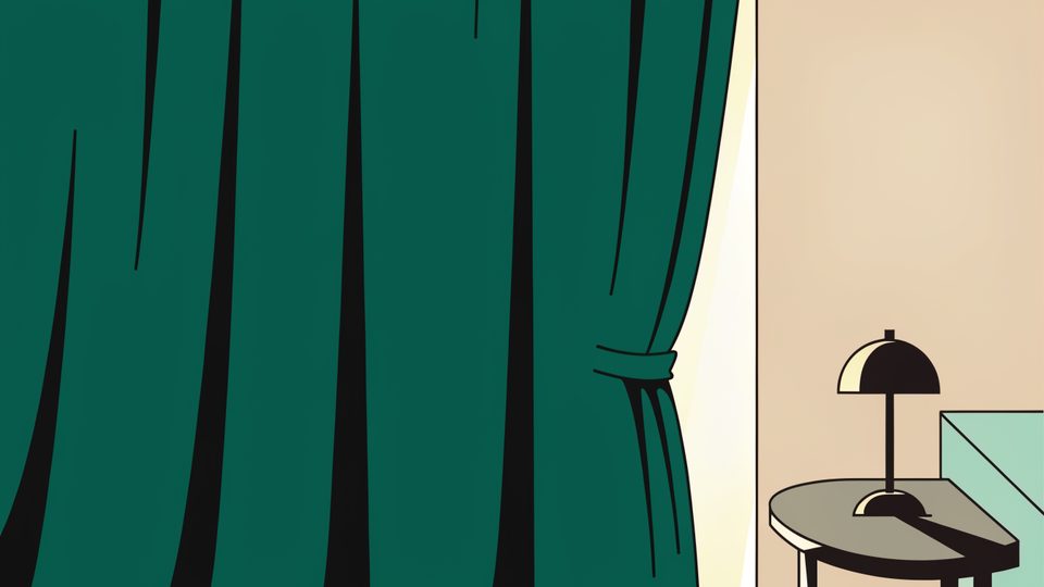 Illustration: ein schwerer Vorhang, fast geschlossen, durch dessen schmalen Spalt warmes Tageslicht faellt; daneben eine gedimmte Lampe