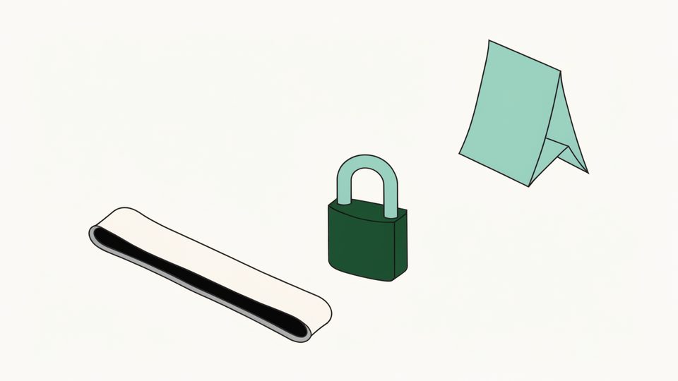 Illustration: ein schlichtes Armband liegt flach auf einem Tisch, daneben ein geschlossenes Vorhaengeschloss und ein gefaltetes leeres Blatt Papier