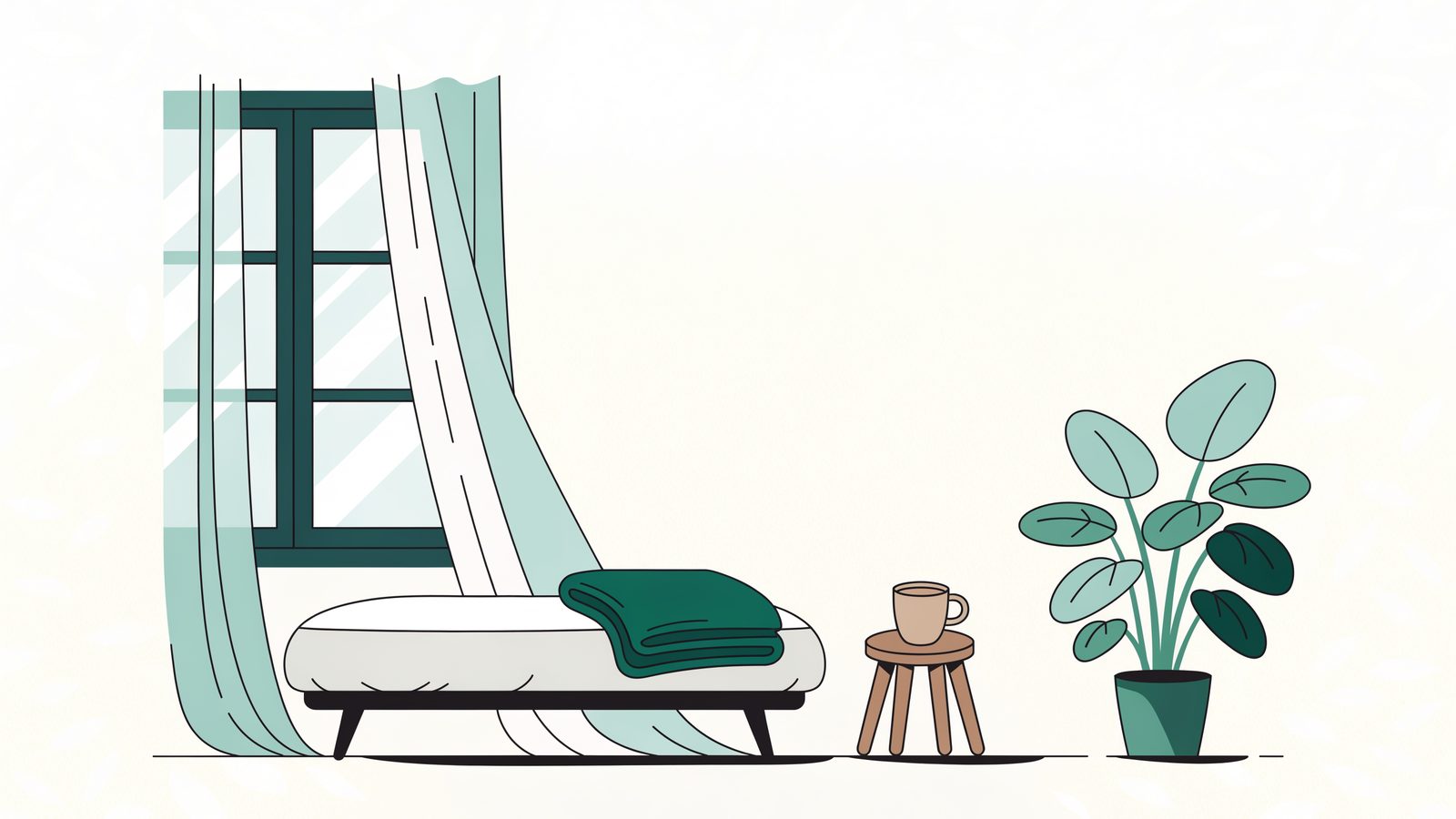 Illustration: ein ruhiger Wohnraum im Morgenlicht — eine niedrige Liege am großen Fenster, eine zusammengelegte Wolldecke, eine Tasse auf einem Hocker und eine Zimmerpflanze