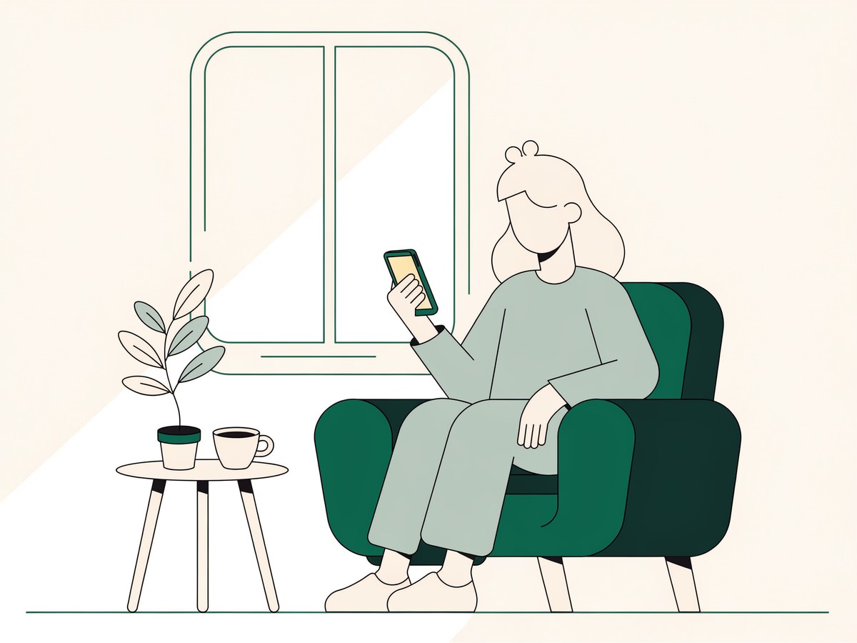 Illustration: eine Person sitzt entspannt im Sessel und schaut aufs Handy, Tee und eine Zimmerpflanze auf dem Tisch