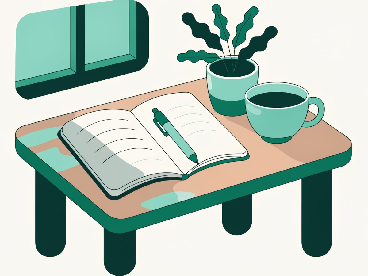 Illustration: ein aufgeschlagenes Notizbuch mit Stift auf einem Holztisch, daneben eine Tasse Tee und eine kleine Zimmerpflanze, sanftes Fensterlicht