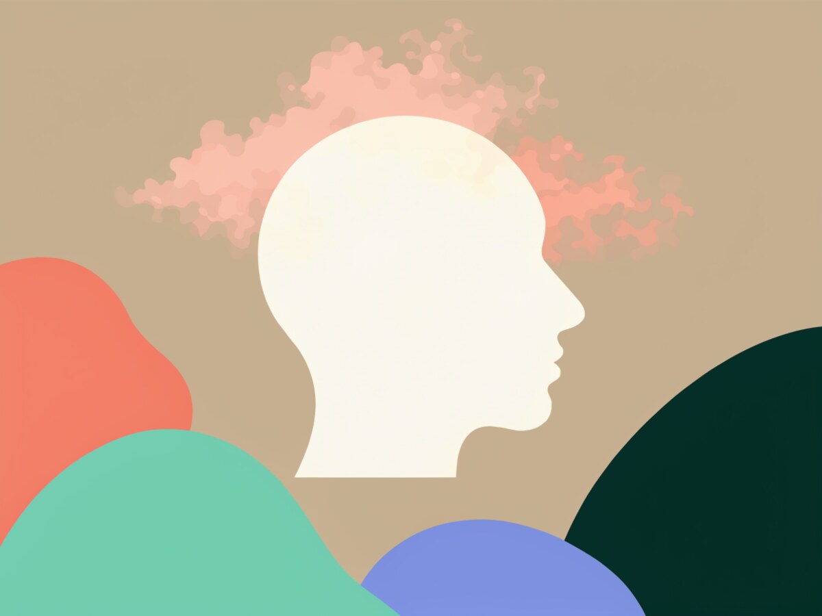 Illustration: ein Kopf-Profil mit einer sanften, hellen Nebelwolke darüber, ruhige Symbolik für Brainfog