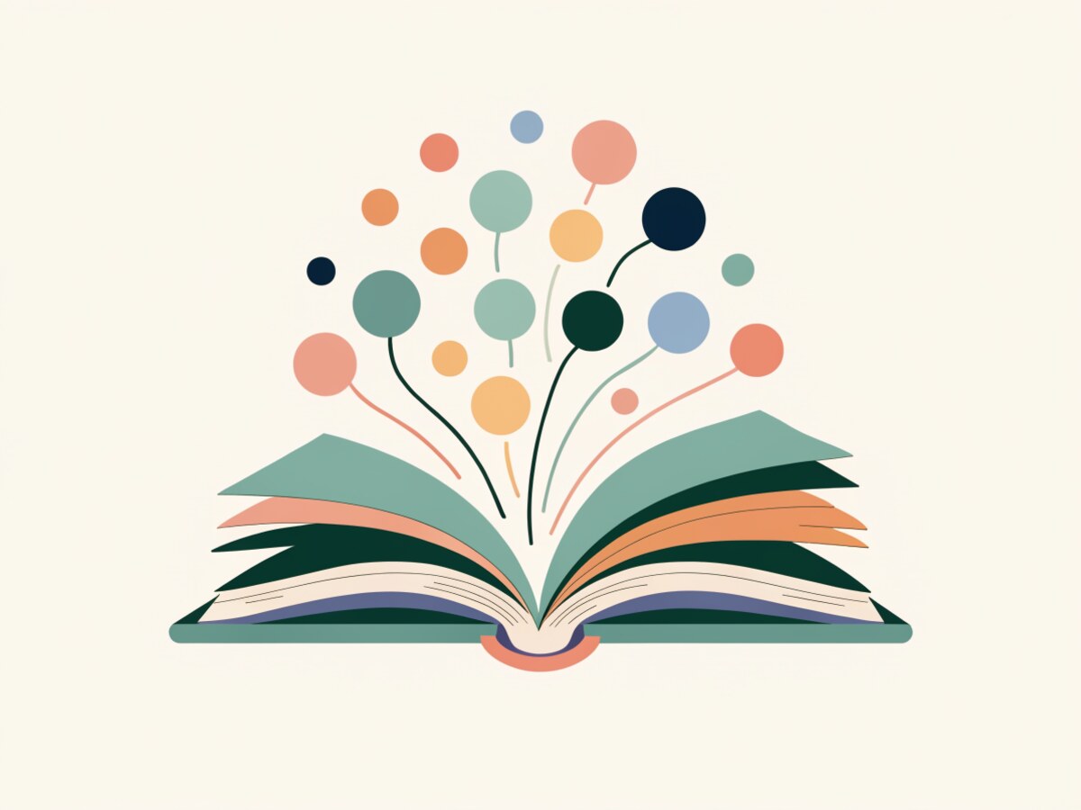 Illustration: ein aufgeschlagenes Sachbuch mit sanft aufsteigenden Info-Symbolen, ruhige Wissensvermittlung