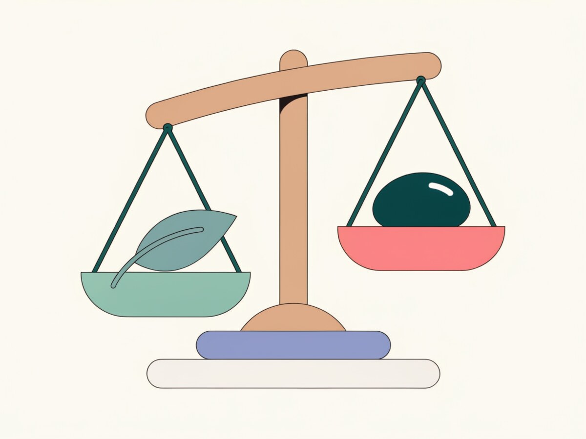 Illustration: eine hölzerne Balkenwaage mit einem Blatt auf der einen und einem glatten Stein auf der anderen Seite — Sinnbild für Balance zwischen Belastung und Ruhe