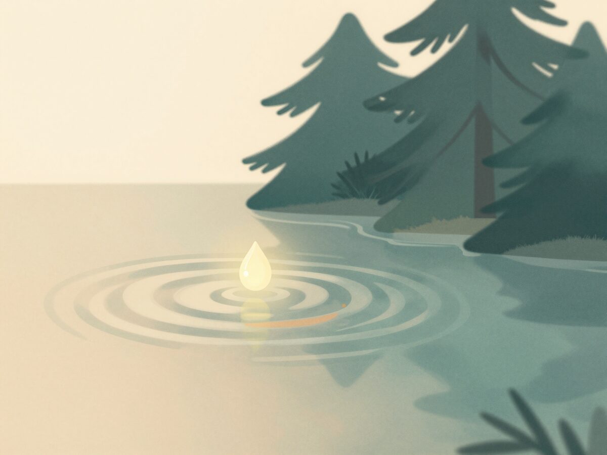 Illustration: ein einzelner leuchtender Tropfen fügt sich sanft in einen größeren Lichtsee ein, Ringe breiten sich aus