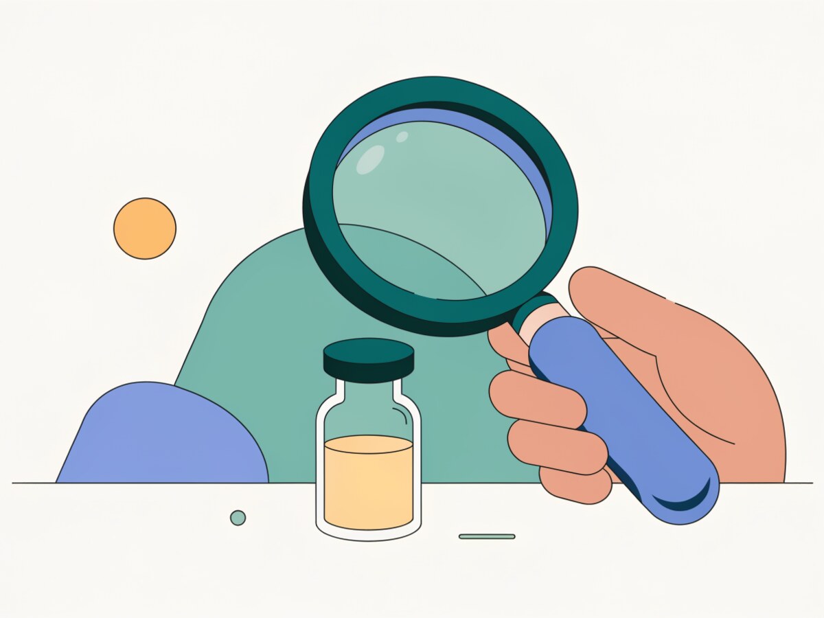 Illustration: a magnifying glass held gently over a simple lab vial, calm clinical symbolism