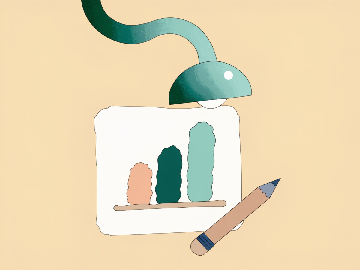 Illustration: a simple, calm bar chart on paper with a pencil resting beside it