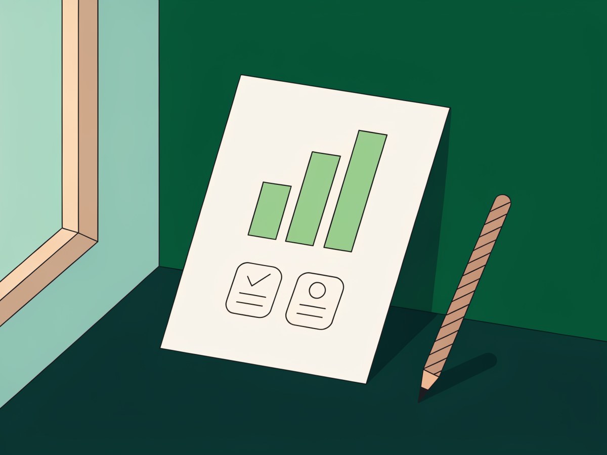 Illustration: ein sauberes Blatt Papier mit einfachem Balkendiagramm und Checklisten-Symbolen