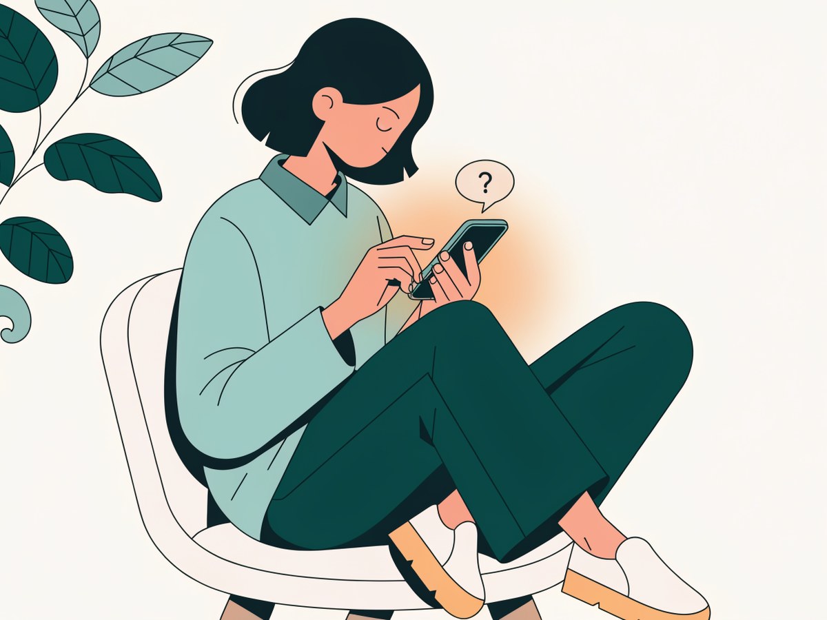 Illustration: eine Person sitzt entspannt im Sessel und tippt eine Frage aufs Handy, eine Zimmerpflanze im Hintergrund