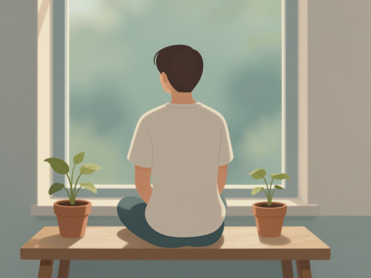 Illustration: a person deliberately pausing by a window seat, a recovering houseplant in the foreground