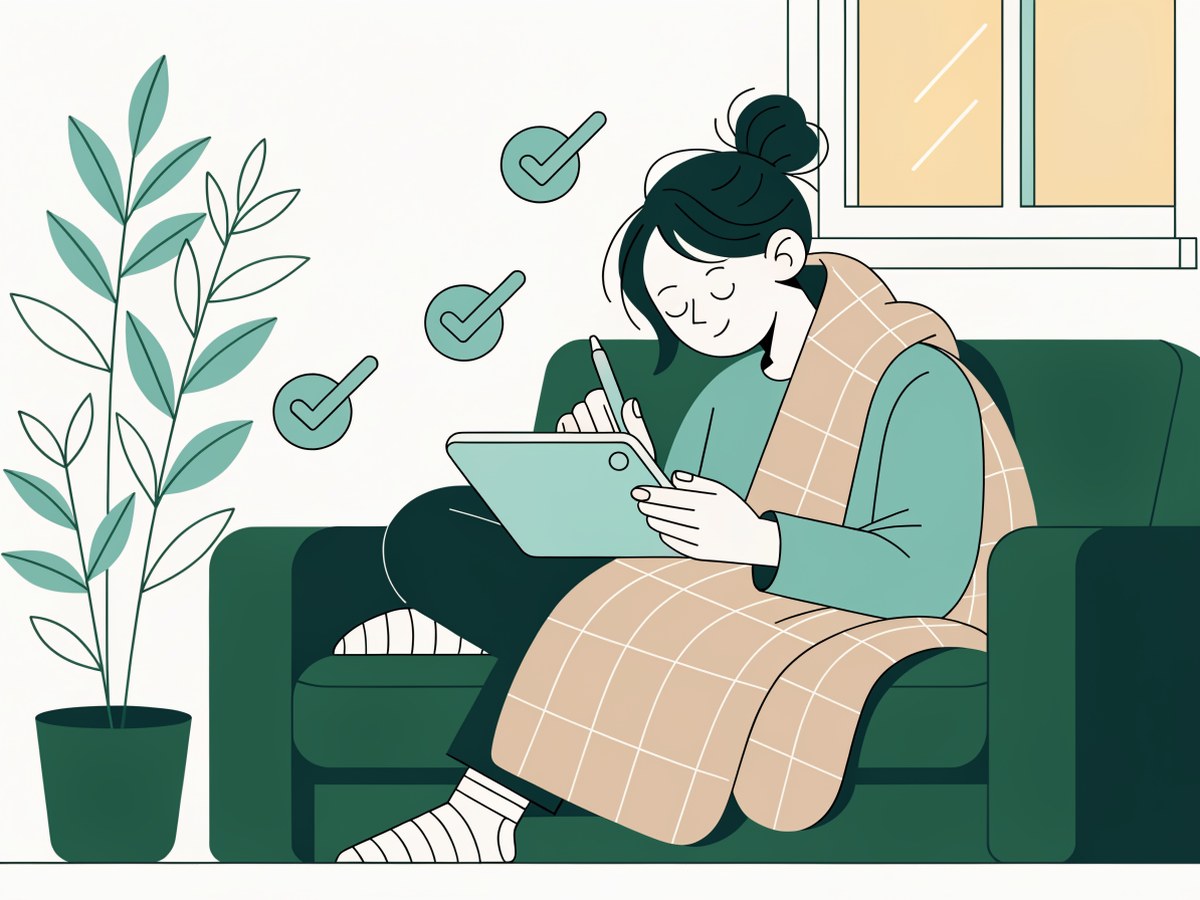 Illustration: eine Person füllt entspannt auf dem Sofa eine kurze Checkliste auf dem Tablet aus