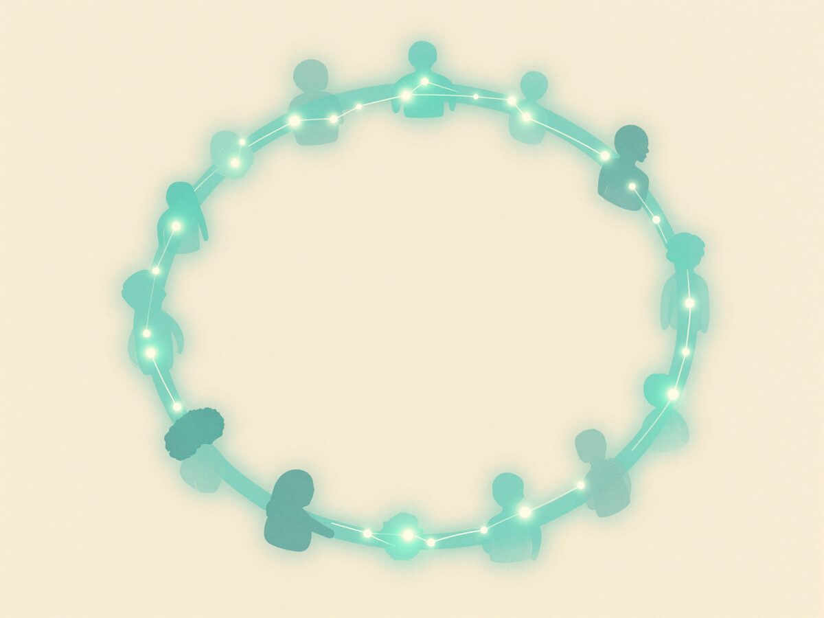 Illustration: a gentle web of glowing, connected dots symbolizing a supportive community