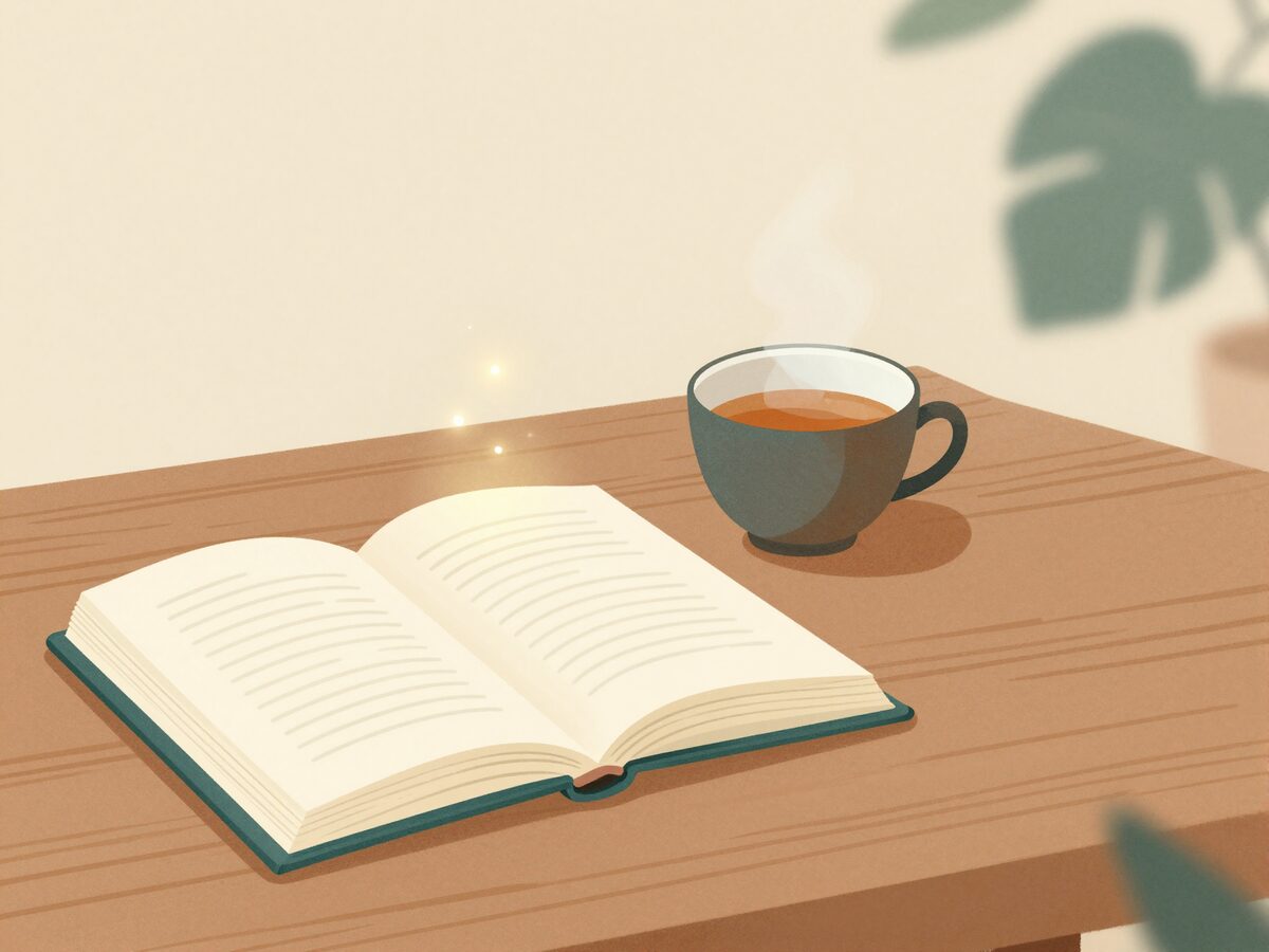 Illustration: ein aufgeschlagenes Buch mit sanft leuchtenden Begriffen auf einem Holztisch