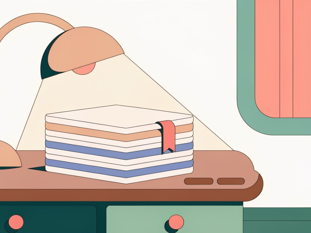 Illustration: a tidy stack of documents with a small bookmark ribbon on a desk, warm light