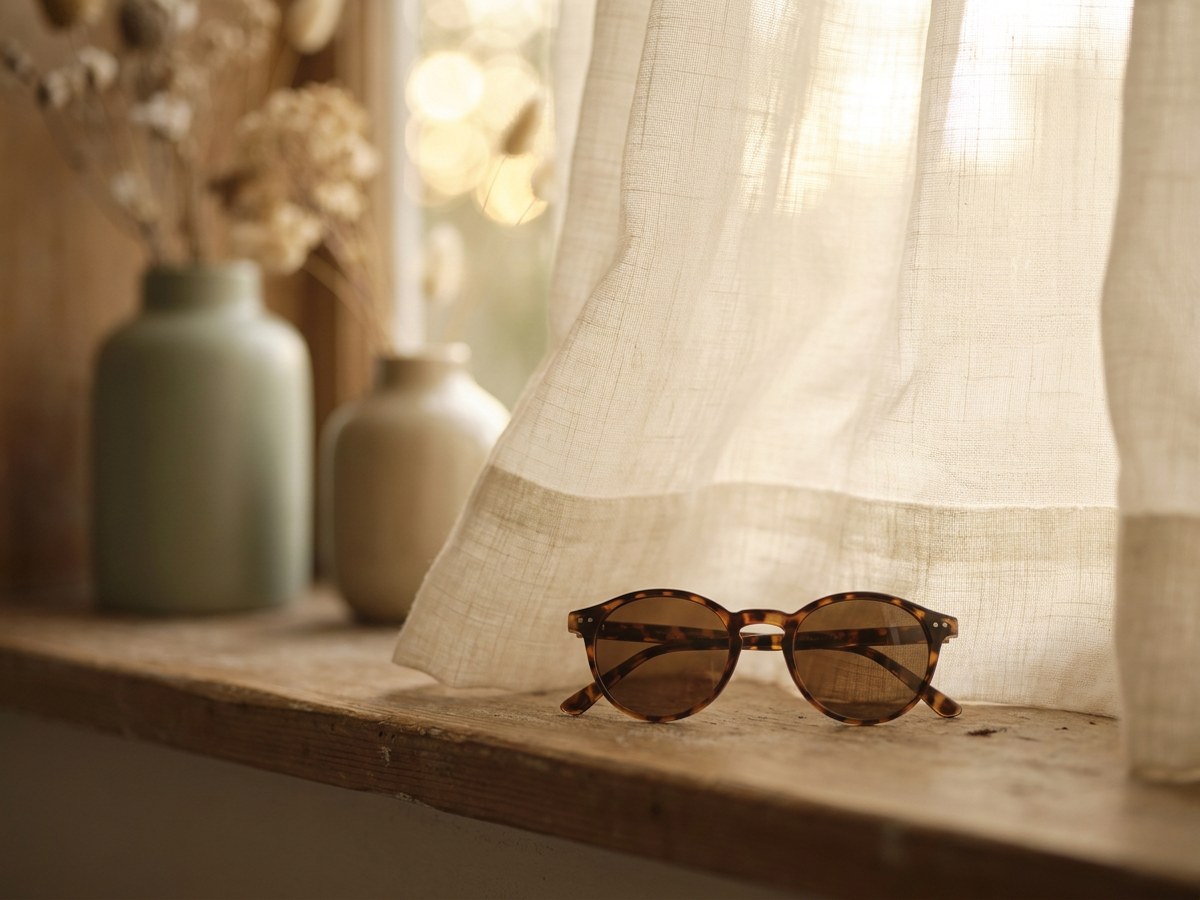 Illustration: eine Sonnenbrille auf einem sonnigen Fensterbrett vor einem durchscheinenden Vorhang, gedämpftes warmes Licht
