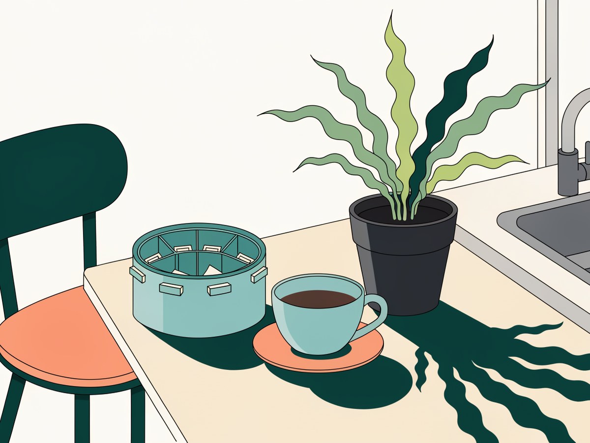 Illustration: eine Medikamenten-Box mit Wochenfächern neben einer Tasse Tee auf dem Küchentisch