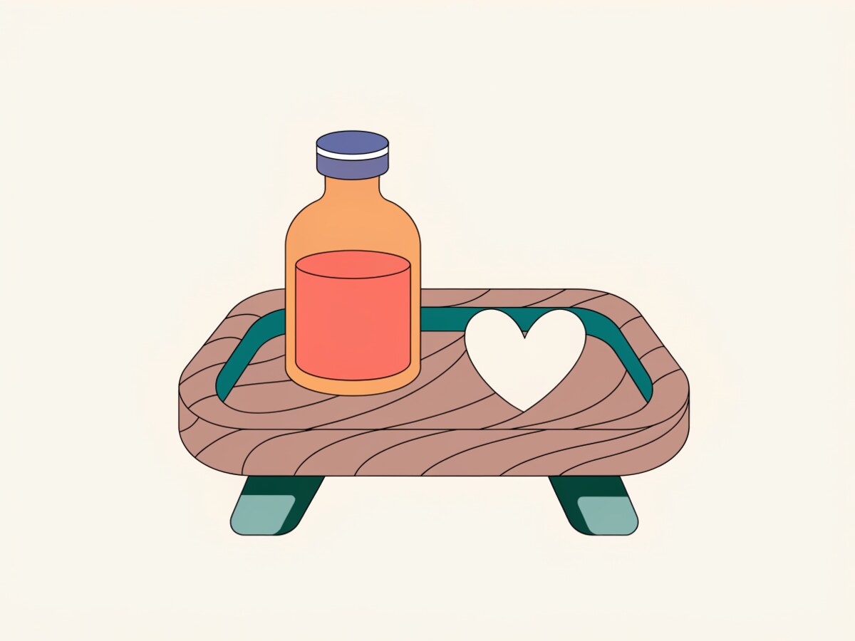 Illustration: a small amber glass bottle beside a simple heart icon, a calm depiction without alarming tone