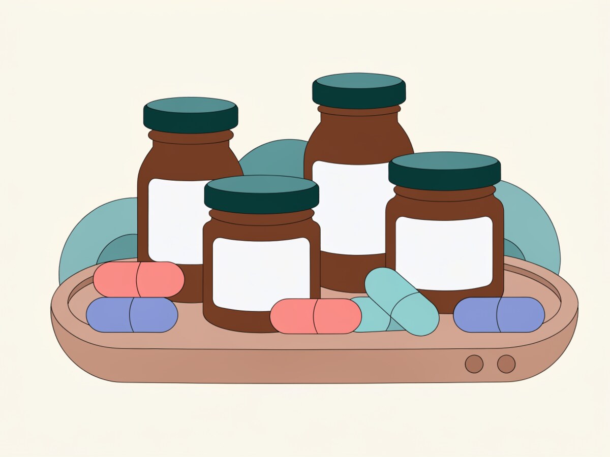 Illustration: several small amber glass jars and capsules neatly arranged on a wooden tray
