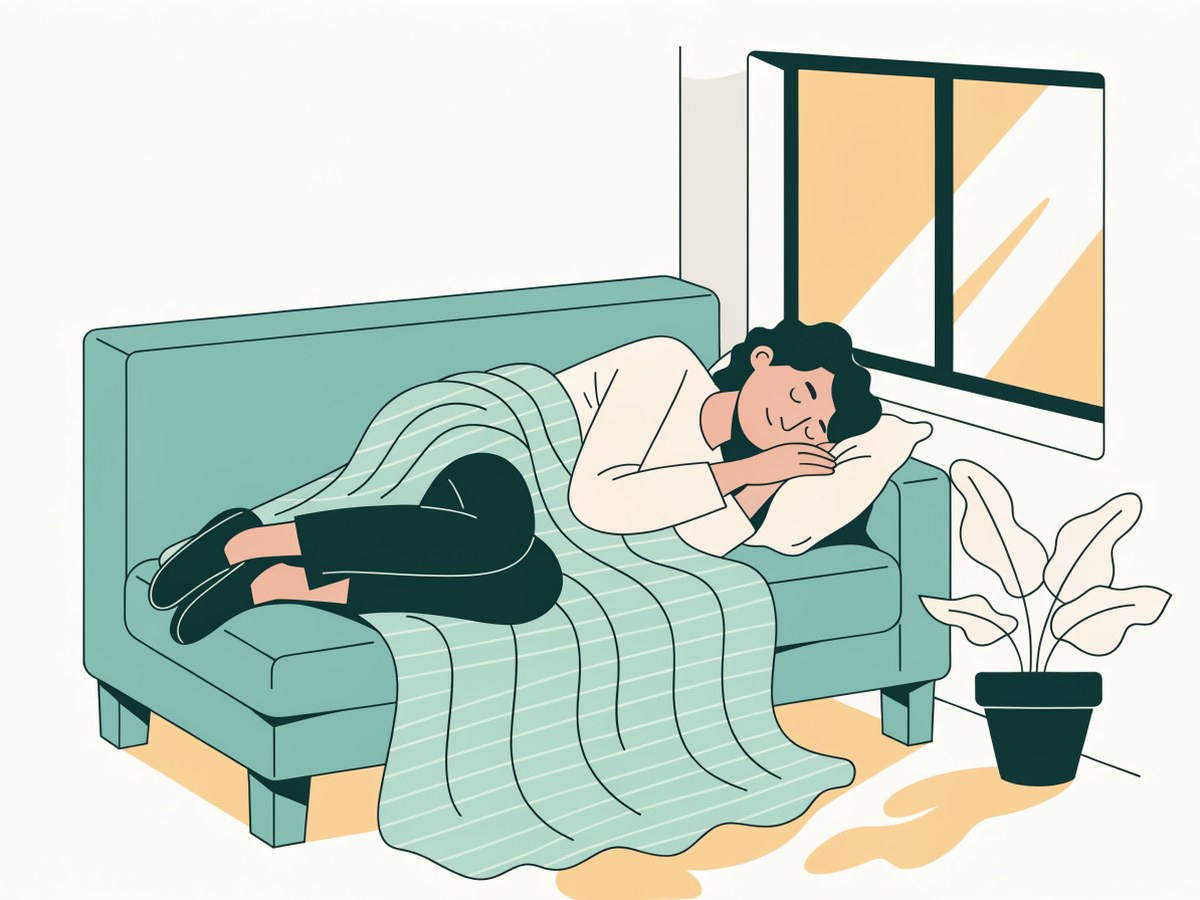 Illustration: eine Person ruht entspannt unter einer Decke am Fenster