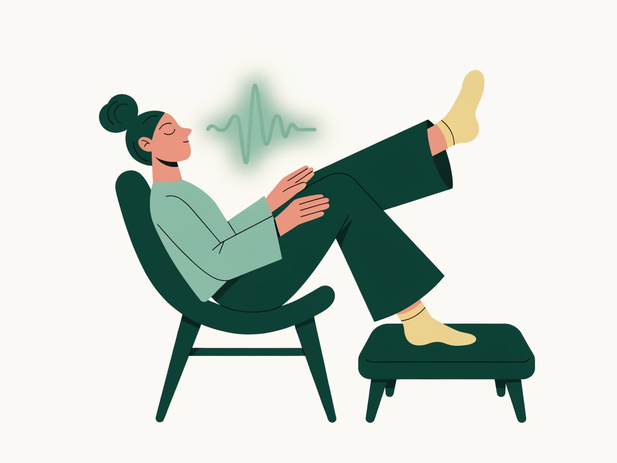 Illustration: a person sitting with legs elevated in a supportive chair, breathing calmly