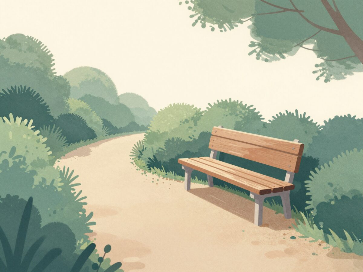Illustration: ein sanft geschwungener Gartenweg mit einer Bank im weichen Morgenlicht