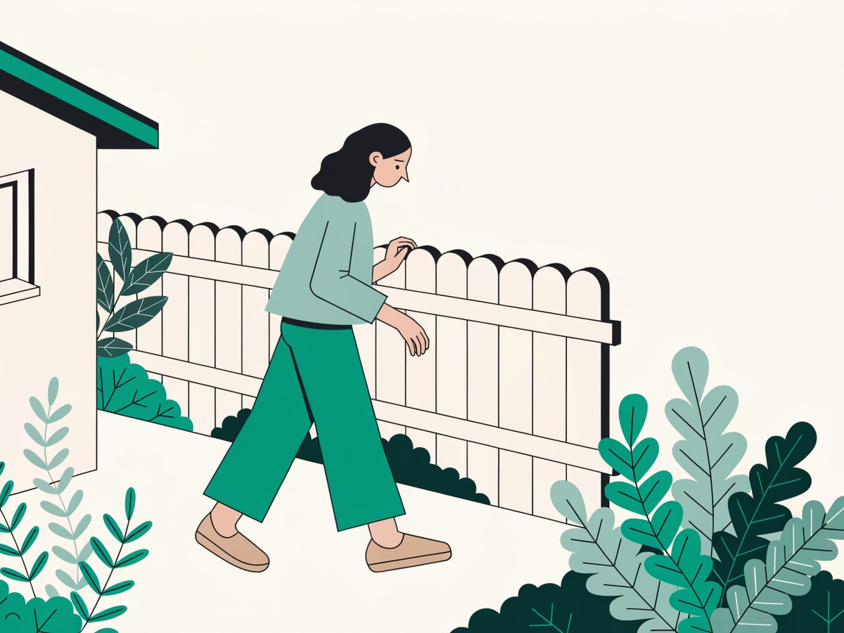 Illustration: eine Person geht langsam und behutsam durch einen ruhigen Garten, eine Hand an einem Zaun