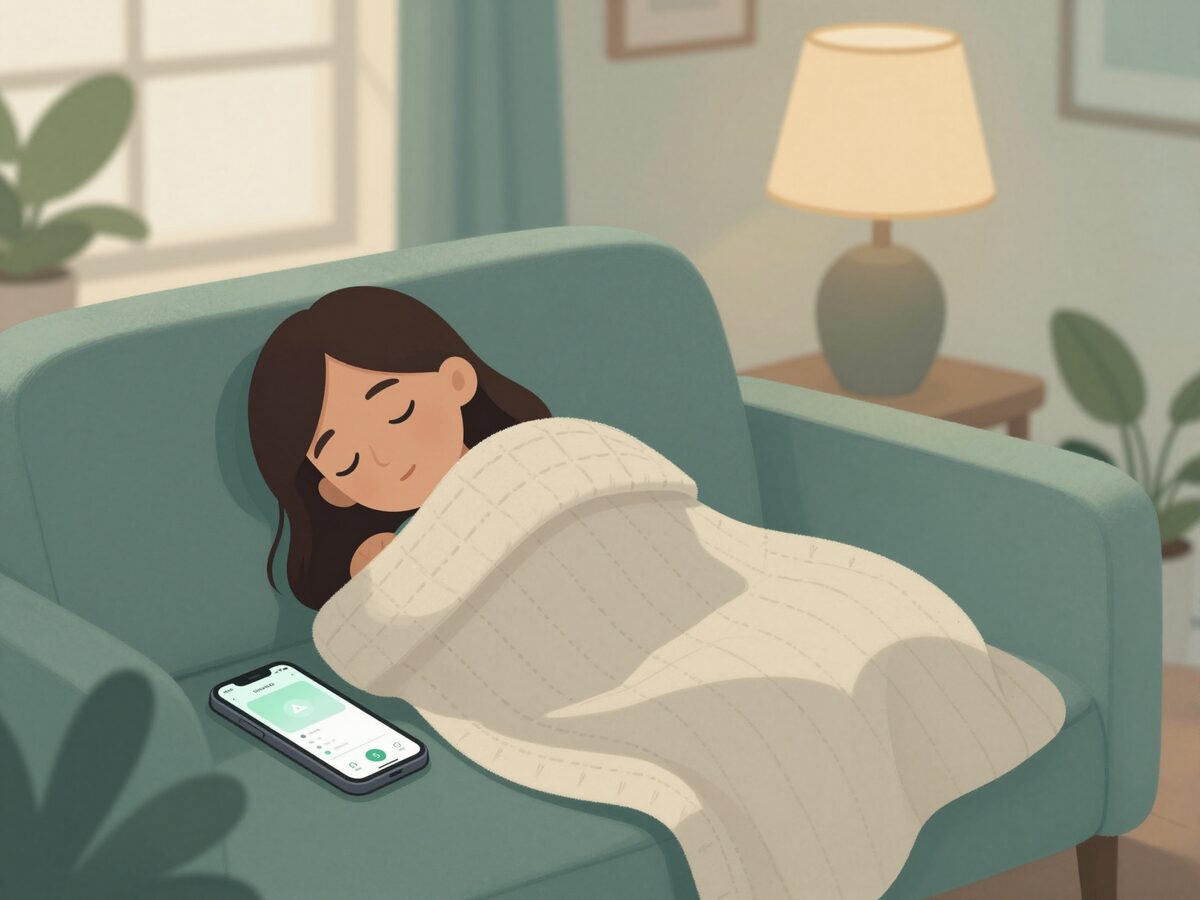 Calm illustration: a person resting under a blanket, a phone with a simple check-in beside them