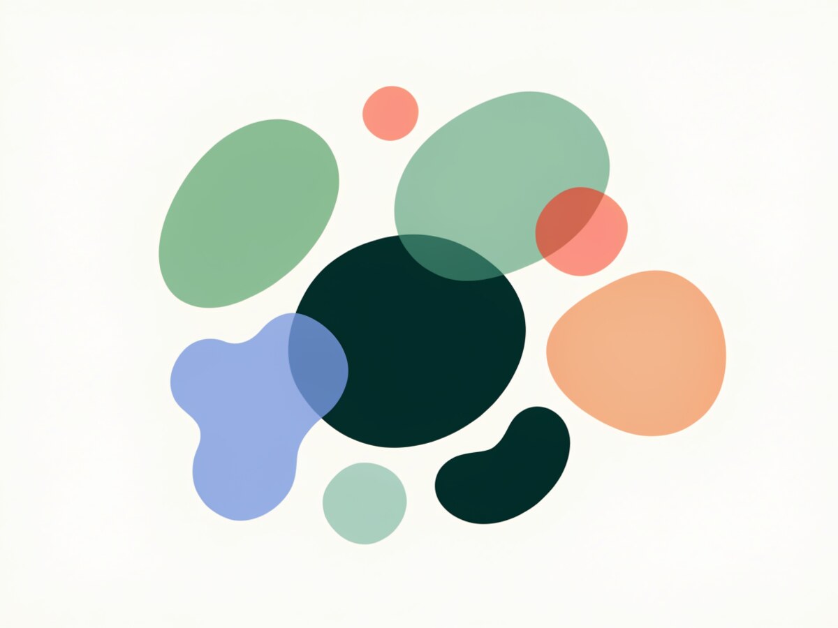 Illustration: abstrakte, sanft schwebende Zellformen in warmen Farben, Symbol für Forschungshypothesen
