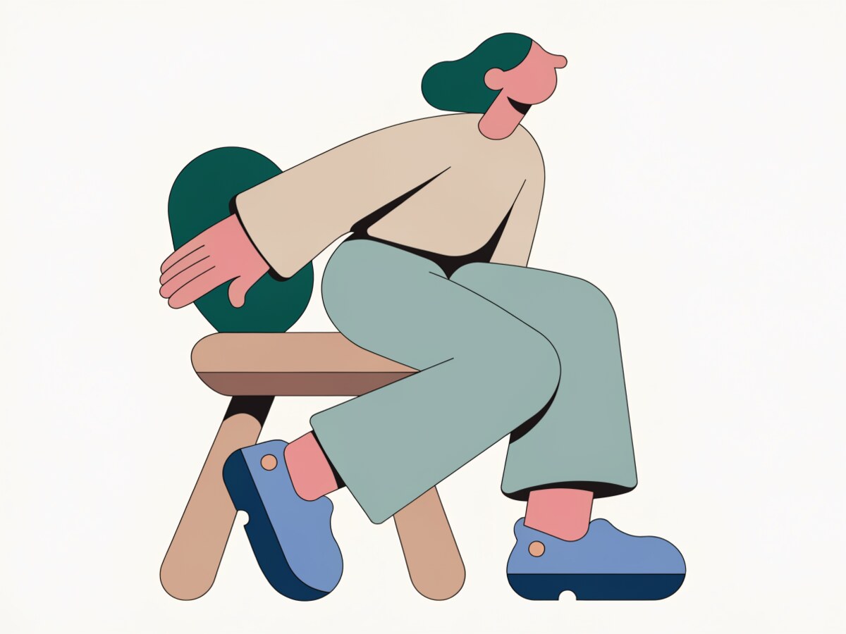 Illustration: a person gently steadying themselves on the back of a chair while standing up, a calm depiction of circulatory fluctuations