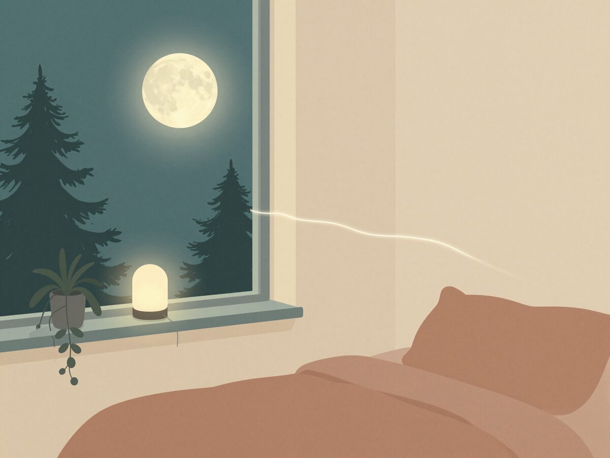 Illustration: ein ruhiges Schlafzimmer bei Nacht mit sanftem Mondlicht und einem leuchtenden Faden