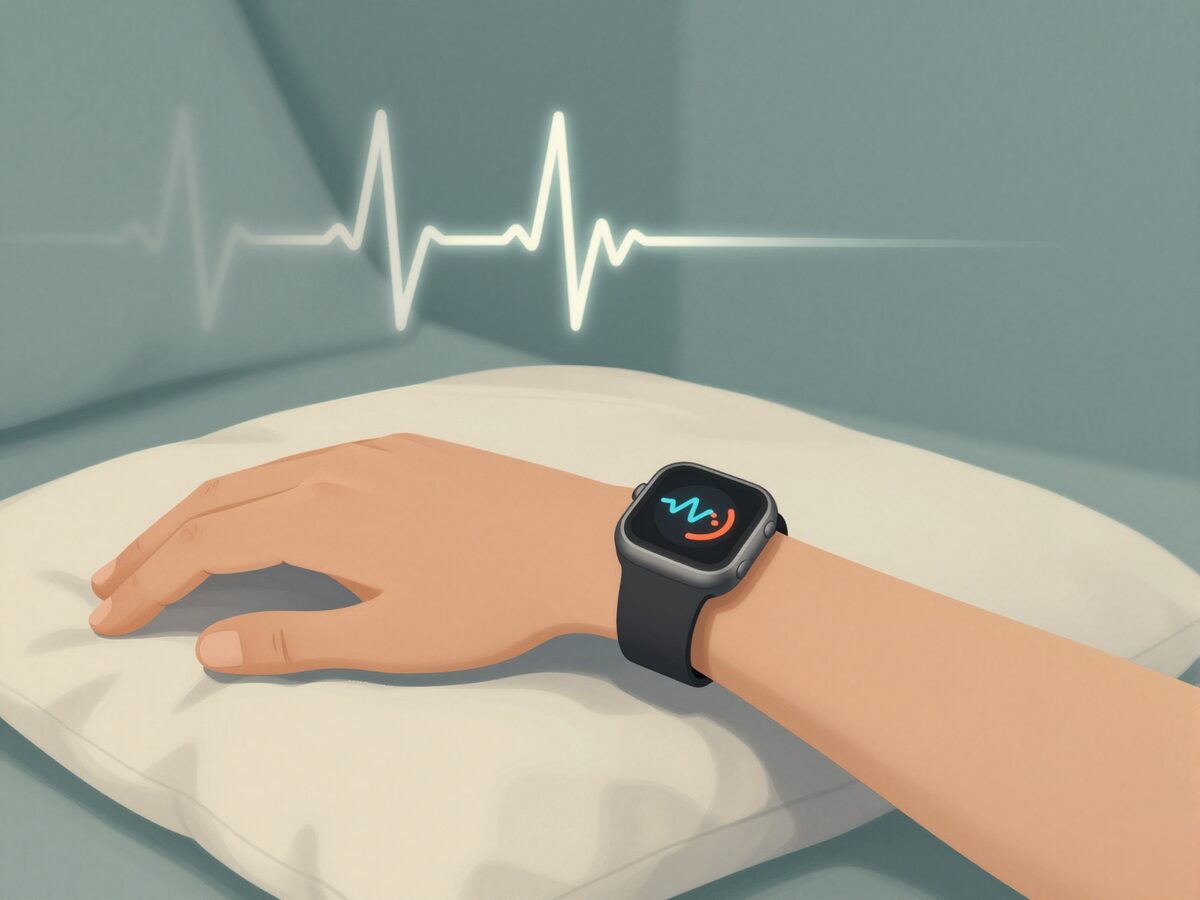 Illustration: a wrist with a smartwatch resting on a pillow in soft morning light