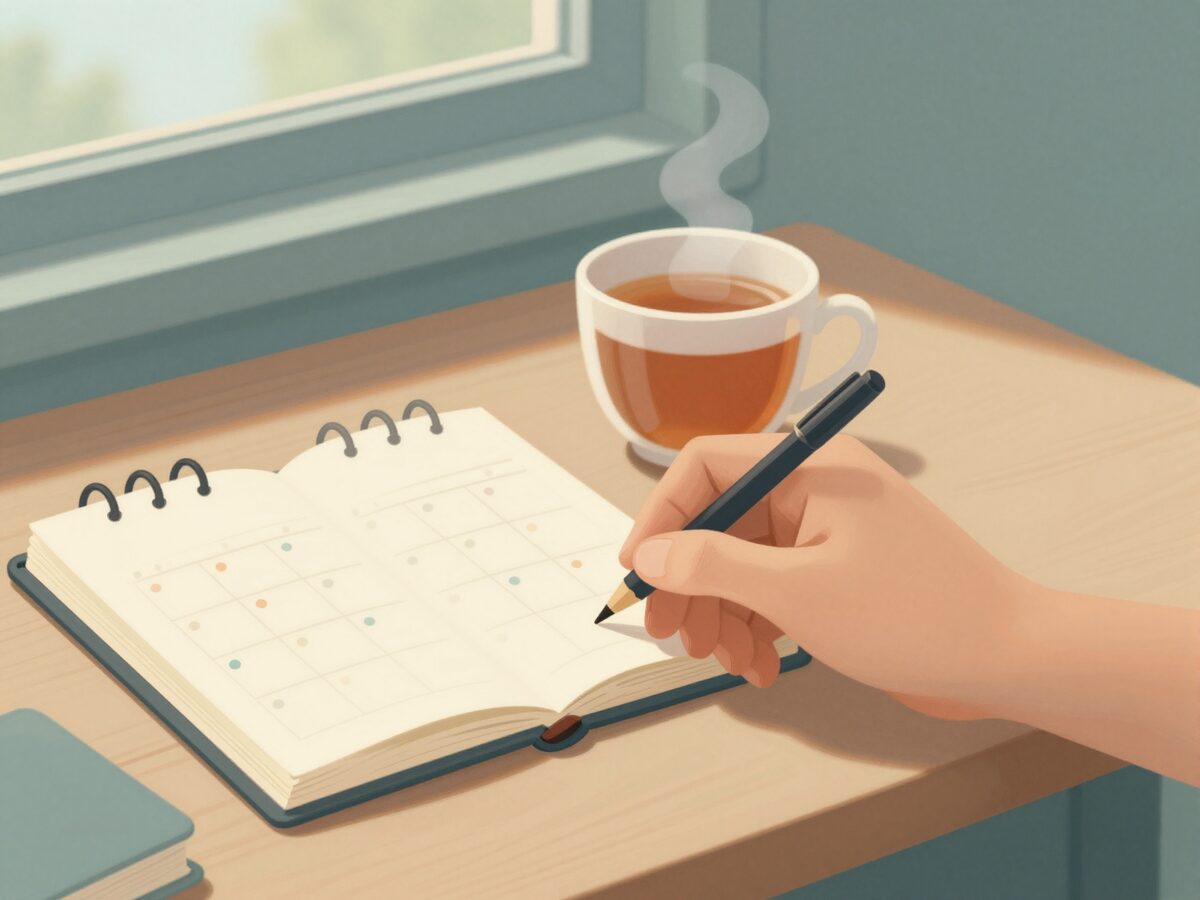 Illustration: a calendar with colourful marks on a cosy desk, a cup of tea beside it