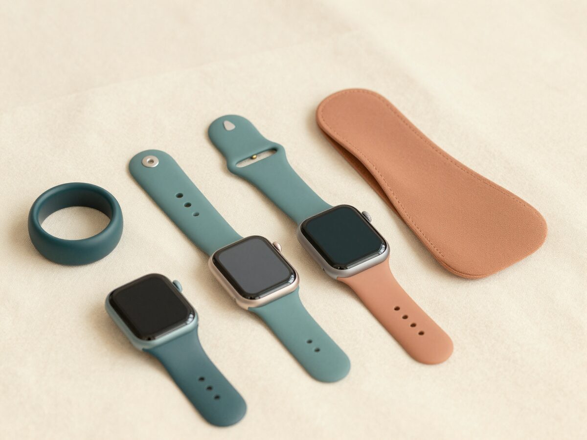 Illustration: mehrere Wearables — Ring, Smartwatch und Brustgurt — ordentlich auf einem Leinentuch