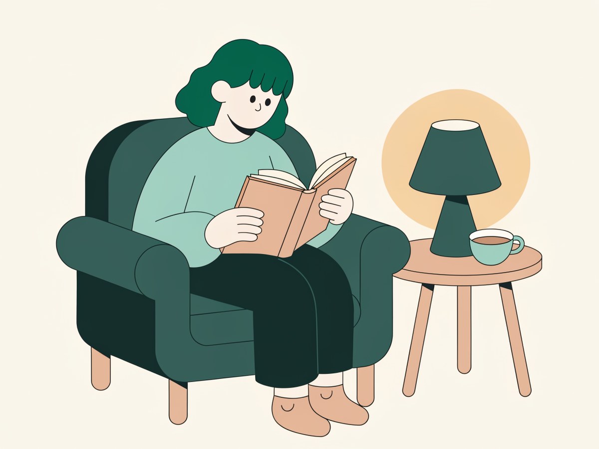 Illustration: eine Person liest entspannt in einem gemütlichen Sessel bei warmem Lampenlicht, eine Tasse Tee auf dem Beistelltisch